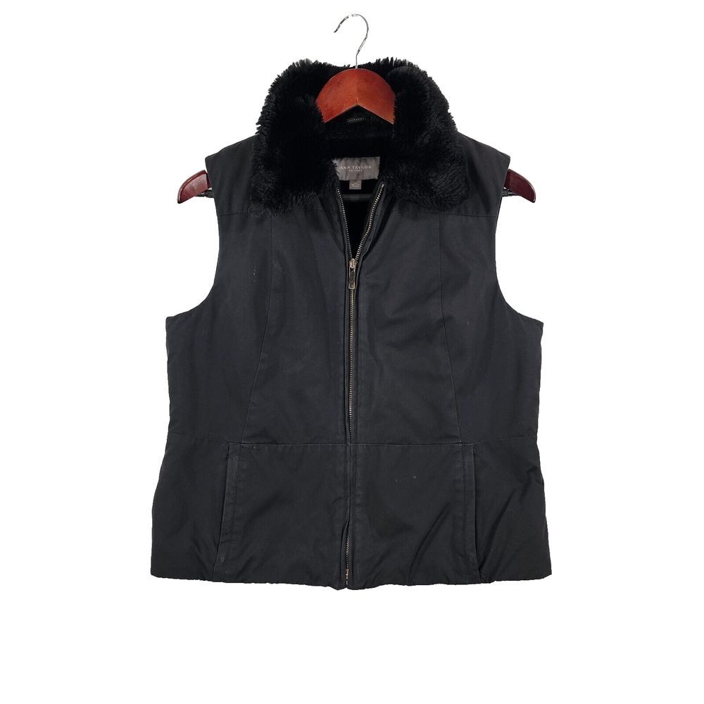 Ann Taylor‎ PETITE Vest Faux Fur Collar Jacket Full Zip Lined Black Women Med MP